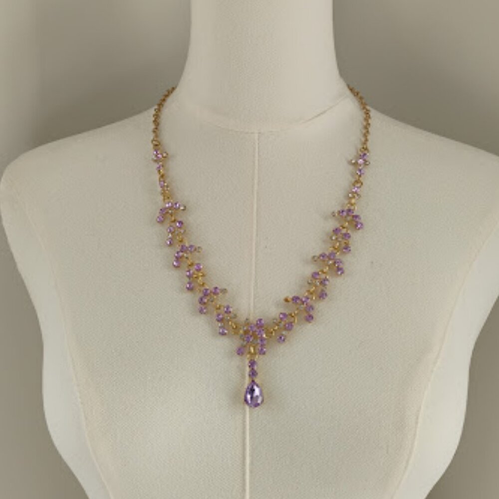 Gold Tone & Purple Stone Costume Party Prom Necklace